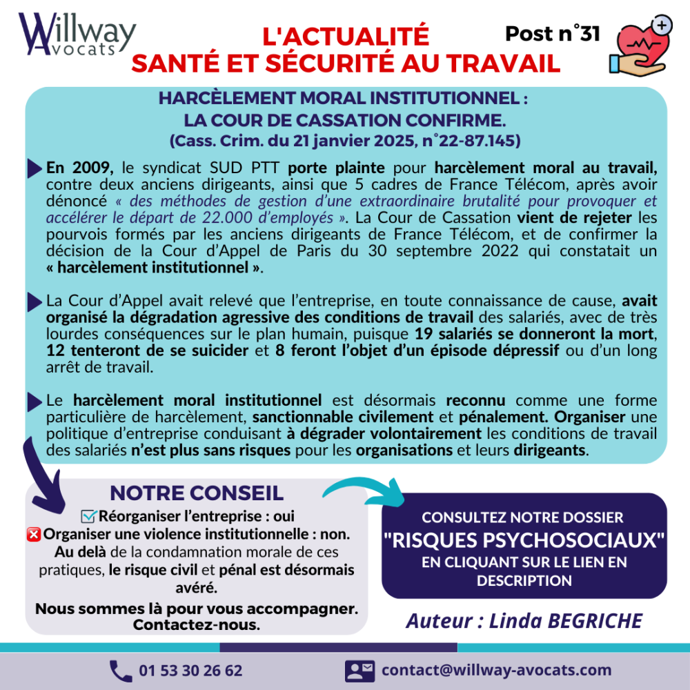 Harcèlement moral institutionnel :  La cour de cassation confirme.