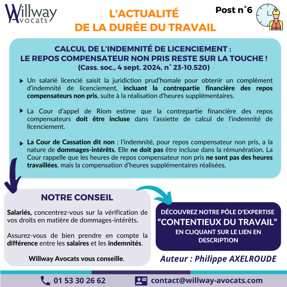 Calcul de l'indemnité de licenciement : le repos compensateur non pris reste sur la touche !